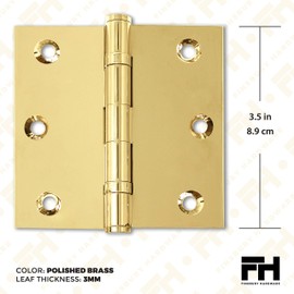 Finsbury Hardware Solid Brass Door Hinge Heavy Duty Ball Bearing Polished Shiny Gold 3.5 x 3.5 Inch with Decorative Screw-on Tips Included - Set of 4 Hinges (Polished Brass)