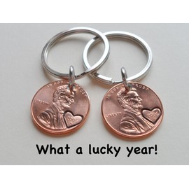 Double Keychain Set 2006 Penny Keychains With Heart Around Year; 19 Year Anniversary, Engraved Couples Keychains