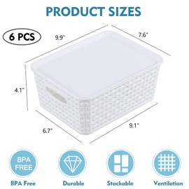 Hespama White Lidded Storage Baskets, Plastic Desktop Organizer Baskets, 6 Pack