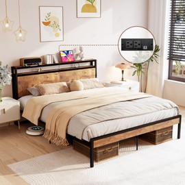Kiivakii Full Size Bed Frame with Headboard Storage, Heavy Duty Platform Bed Built in USB Ports & Charging Outlets for Farmhouse Bedroom, Noise-Free, No Box Spring Needed, Rustic Brown