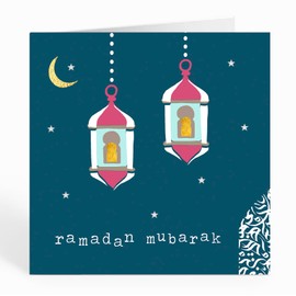Islamic Moments: Ramadan Mubarak Card In Navy With Lanterns, Crescent Moon And Stars - New Blue Dome Range for Sawm and Eid Celebrations as well as Islamic Gifts
