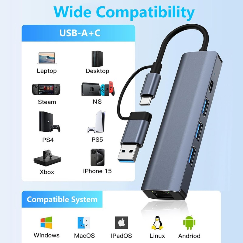 USB-C Ethernet Adapter, USB LAN Adapter 1000 Mbps LAN Network