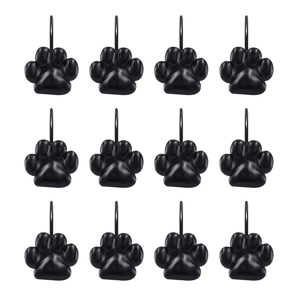 Sunlit Fashion Design Cute Paw Print Polished Shower Curtain Hooks for Dog Cat and Bear, Rust Proof Oil Metal Shower Curtain Rings, Black-12 Pack