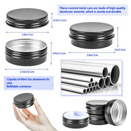 MotBach 12 Pack 2oz Tin Jars, 60ml Metal Tin cans, 2ounce Aluminum tin can jar Containers with Screw Lid for Lotion Bars, Balms, Salve, Spices, Beard Balm, Toiletries, Creams, Samples, Makeup Cosmetic