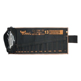 BULL TOOLS SAE Ratcheting Wrench Roll Organiser, 13+1 SAE Roll, with Zip Pouch, Made from Durable Recycled Cotton Canvas for Mechanics, DIYers, and Home Use - Black - (Tools are not Included)