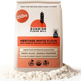 Sunrise Flour Mill Heritage Organic White Flour| 25 LB | USDA Organic All Purpose Flour Unbleached - Non-GMO, Kosher, Glyphosate Free, High Protein for Baking, Unbromated White Wheat