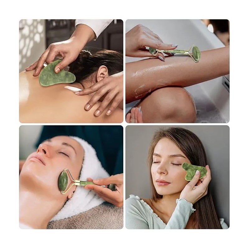 Rodillo Masaje Facial Gua Sha De Jade Antienvejecimiento Kit