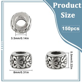 SOFPLATE 1 Box 150Pcs 3.5mm Large Hole Spacer Beads 8mm Silver European Rondelle Bead Bulk Antique Tibetan Metal Column Barrel Charm Beads for Bracelets Earrings Necklace Jewelry Making Snake Chain