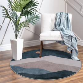Sungea - Alfombra redonda abstracta de 3 pies, bohemia, lavable, antideslizante, para entrada, suave, ultrafina, pequeña, para recámara, baño, lavadero, cocina (azul)
