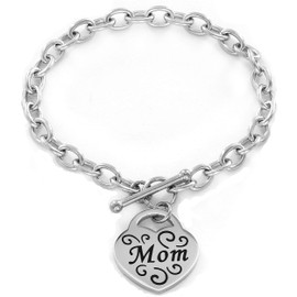 West Coast Jewelry Women's Mom Engraved Heart Charm Toggle Stainless Steel Bracelet - 7½ inch