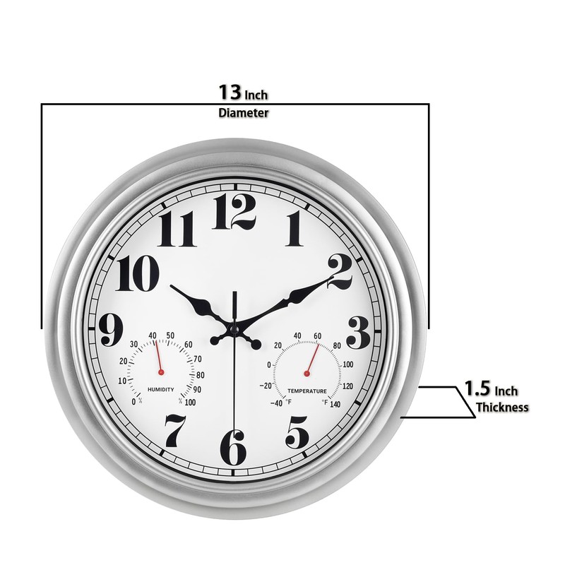JENLYSTIME 13 Inch Outdoor Clock, Waterproof and Silent, with Thermometer