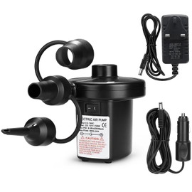 Electric Air Pump with 3 Nozzles, 110V-240 AC/12V DC, Portable Quick-Fill Fill Inflator Deflator Pumps for Outdoor Camping, Inflatable Cushions, Air Mattress Beds, Boats, Swimming Ring Beach Toys