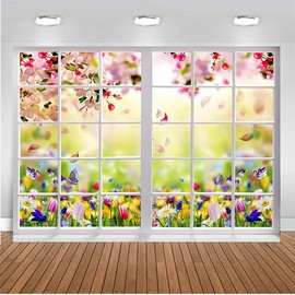 CHAIYA 10X8FT Spring Photography Backdrop Easter Backdrop Window Green Grass Colorful Eggs Photography Background Floral Bunny Decoration Easter Backdrop Spring Easter Photography Backdrop CY-302