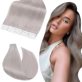 UK-Fashion-Shop Tape in Hair Extensions Human Hair Remy Real Hair 18inch Grey 20pcs 50g Skin Weft Straight Natural Invisible