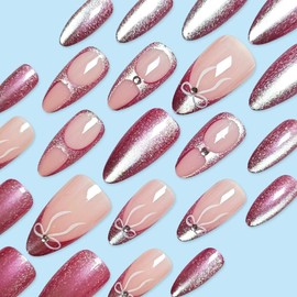 QQPPOLIU Medium Press on Nails Almond with Design Red Fall Nails for Women and Girls 24pcs