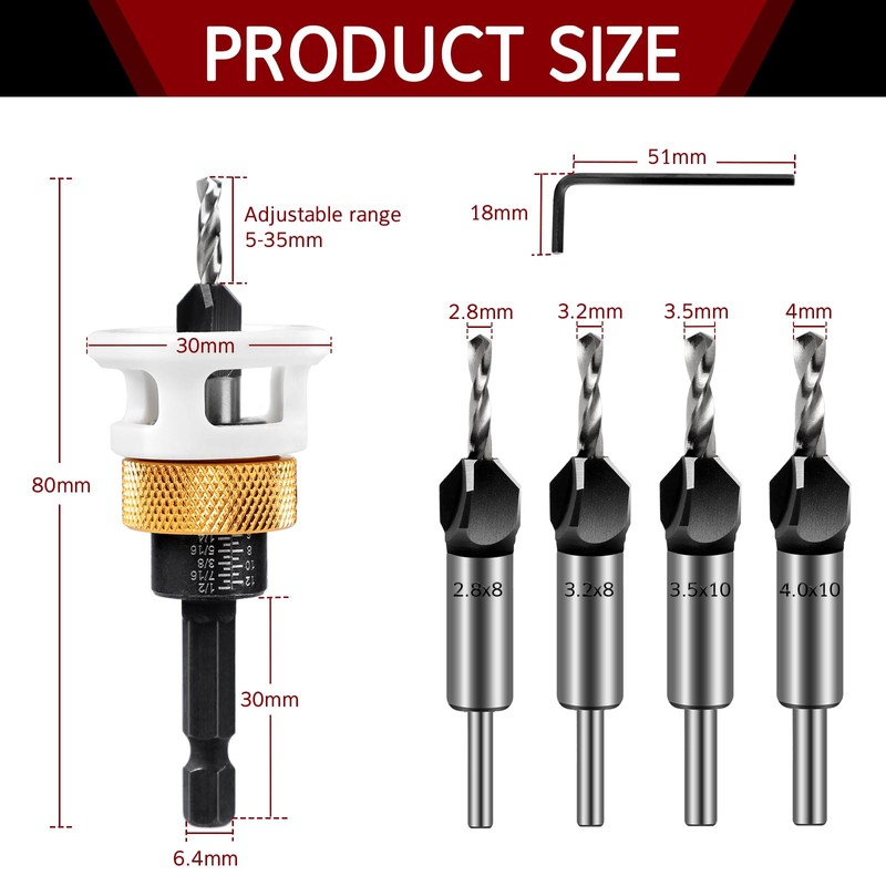 SUPAWAY 6-Piece Countersink Drill Bit Set, 8 mm Round Shank,
