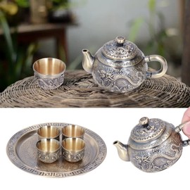 Vintage Teapot, Luxury Dragon Totem Tea Set, Moroccan Tea Set with Cups, Plates, Exquisite Metal Tea Kettle Cup Set for Tea Lovers, Home Table Decoration