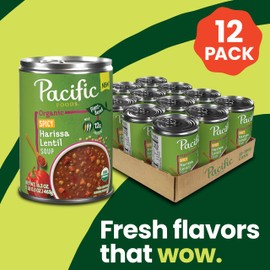 Pacific Foods Organic Spicy Harissa Lentil Soup, Plant Based, 16.3 oz Can (Pack of 12)