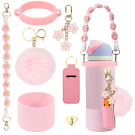 Compatible for Owala Accessories Bundle: Silicone Boot for 24oz & 32oz Bottles, Charms, Handle, Strap, Rubber Bottoms, and Decorative Add-ons for Your Compatible for Owala Water Bottle, Pink
