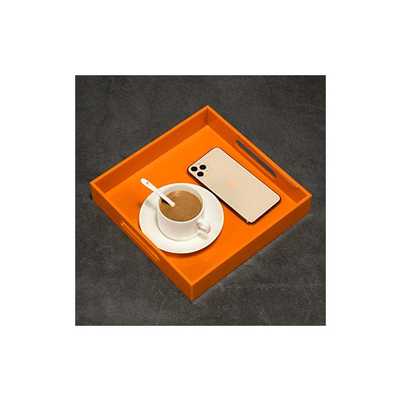KEVLANG Orange Sturdy Acrylic Serving Tray with Handles-10x10Inch-Serving Coffee,Food,Breakfast,Butler-Kitchen Countertop