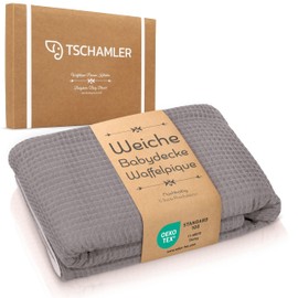 TSCHAMLER® Baby Muslin Blanket - Waffle Pique - Soft 100% Cotton Oeko-Tex® 80 x 100 cm, Multifunctional - All Year First Blanket - Pram Blanket Girls Boys Grey