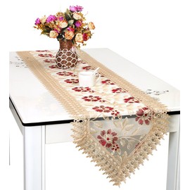 Beige Burgundy Lace Table Runners And Dresser Scarves (16 x 72 inch)
