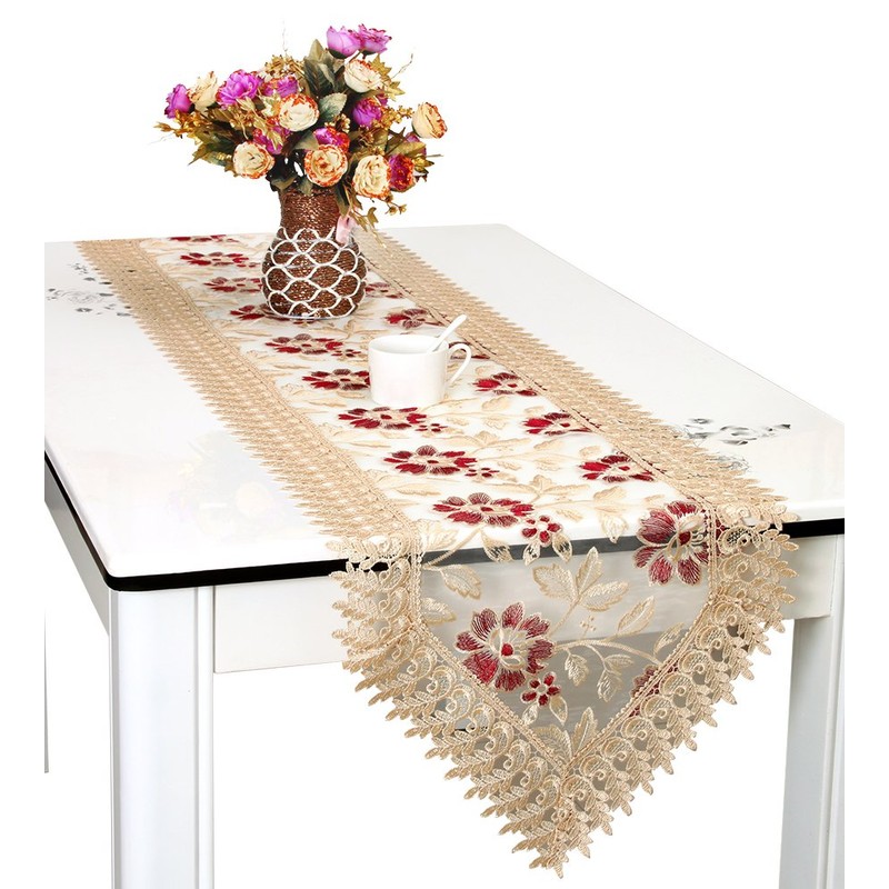 Beige Burgundy Lace Table Runners And Dresser Scarves (16 x