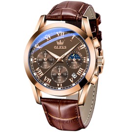 OLEVS Brown Leather Watches for Men Water Resistant Chronograph Date Big Face Mens Watches Classic Quartz Watch Analog Dress Business Rose Gold Wristwatch for Men, Reloj de Hombre