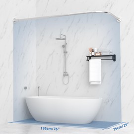 Misounda shower curtain rod L-shaped 304 stainless steel, 25mm diameter Corner shower curtain rod, Large size 29.5"x76", suitable for bathroom, bathtub, with 12 shower curtain rings -Silver
