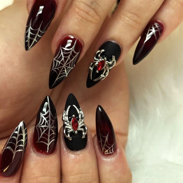 Halloween Press on Nails Medium Almond Fake Nails Spider Web