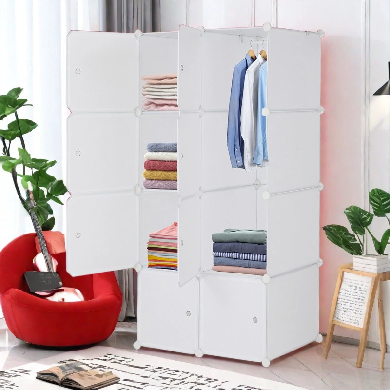 4-Tier Closet Storage Cabinet - White, 8-Cube, Hanging Rod &