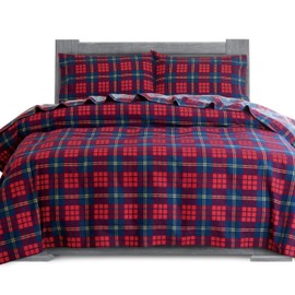 Elegant Comfort Soft 4-Piece 100% Turkish Cotton Flannel Sheet Set - Premium Quality, Deep Pocket Fitted Sheet, Ultra Soft, Cozy Warm Flannel Sheets - Twin XL, Plaid-Red/Navy