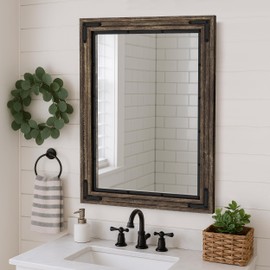 YOSHOOT Farmhouse Bathroom Mirror, Rustic Wood Mirror, Wooden Framed Vanity Mirror, Solid Wood & Handmade, Vertical or Horizontal Hanging for Bathroom Entryway Living Room Bedroom, 40" x 30", Brown