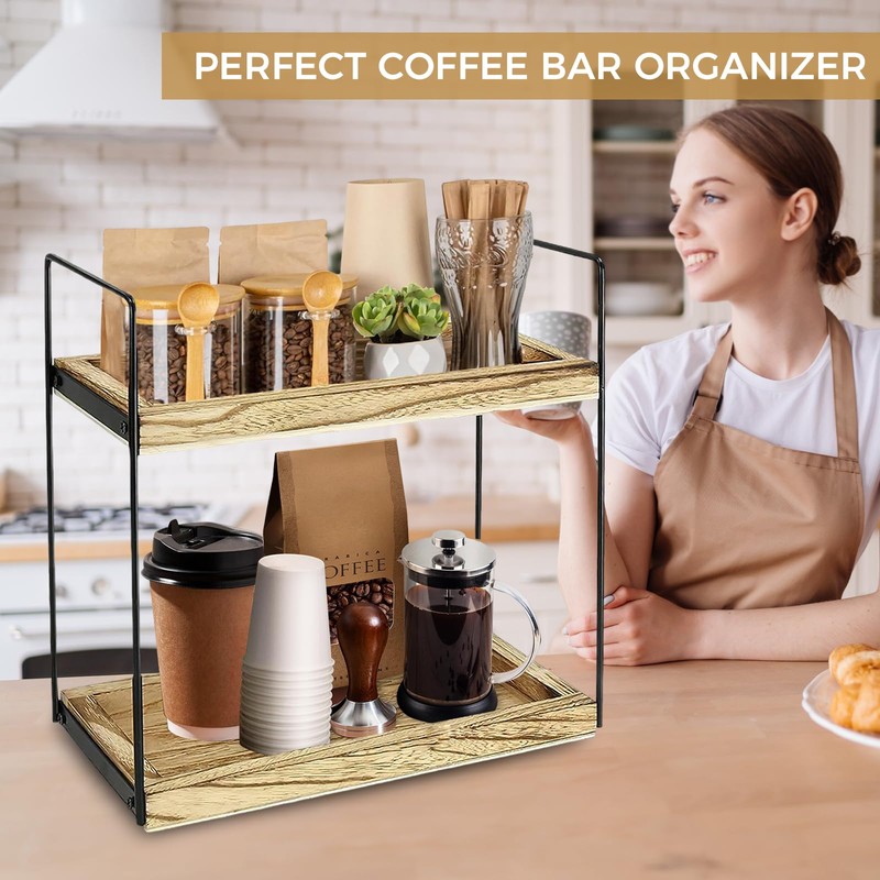 Ausune Coffee Station Organiser,2 Tier Coffee Bar Accessories Organiser, Wooden