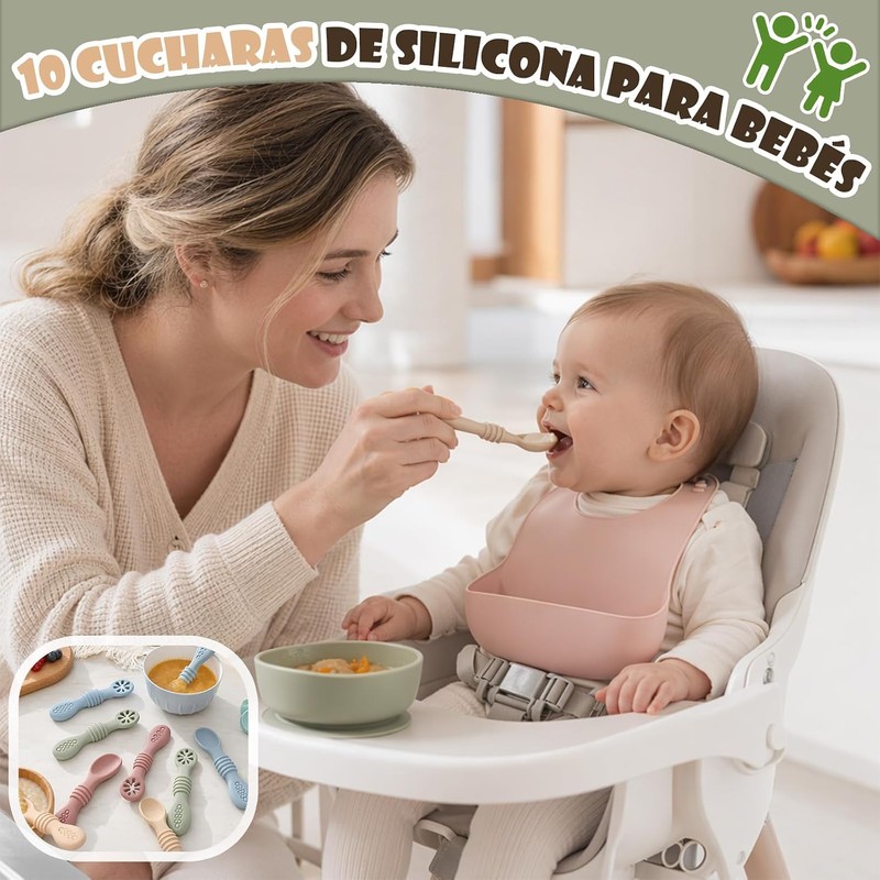 10PCS Juego Cucharas Masticables de Silicona,cucharas masticables de silicona arcoíris,con