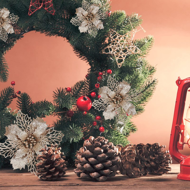 GWHOLE Pack of 21 Christmas Flowers, Christmas Tree Decorations, Artificial