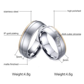 PAURO Couples Stainless Titanium Steel Gold Band Without Zirconia 6mm Promise Wedding and Engagement Ring Men Size P