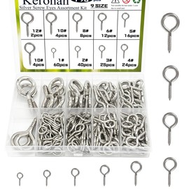 Keronah 195Pcs Silver Screw Eyes Assortment Kit,9 Sizes Eye Bolts Kit,Zinc Plated Eyelet Screws in Hooks for Xmas Decor, Pumpkin Lantern String Lights, Picture Frame, Arts & Crafts