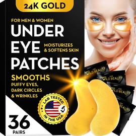 Under Eye Patches for Puffy Eyes (36 Pairs), Reduce Dark Circles and Puffiness, Collagen Under Eye Masks, Gold Eye Patches for Puffy Eyes, Eye Gel Pads, Eye Mask Skincare, Gold Eye Mask