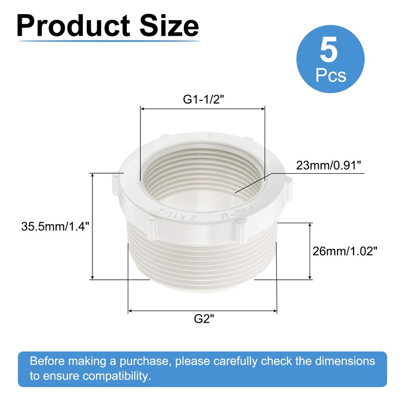 sourcing map 5 Pcs PVC Reducer Bushing G2 Male Thread