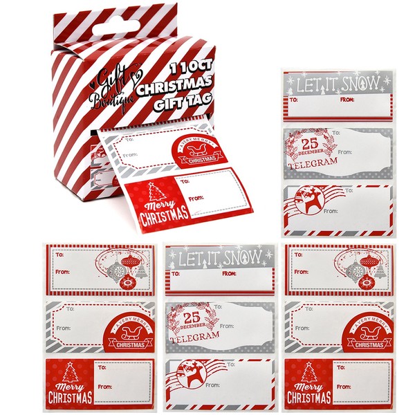Gift Boutique Christmas Sticker Gift Tags Roll Box 110 Count Elegant Red & Silver Designs Personalized Holiday Self-Adhesive Name Labels Write On Then Peel & Stick for Wrapping Packages & Presents