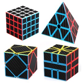 4 Piezas Cubo Mágico, Cubo de Fibra de Carbono, Juego de Cubos de Velocidad con Cubes 4 x 4, Piramidal, Sesgado y Square-1, Juguete Antiestrés Magic Speed Cube para Personas de Todas Las Edades
