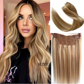 Natural Hair Extensions Human Hair, One Hairpiece Hair Extensions,Secret Hair Extensions Human Hair Invisible Wire Hair Extensions, Ombre Light Blonde to Golden Blonde Highlight 14inch 70g Straight Fish Line Hair Extensions Flip in Hair Extensions Clip i