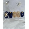 Navy Gold Handmade Nail Tips - Short C Curve Coffin