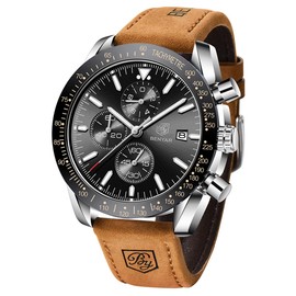 BENYAR Men's Watch Quartz Sports Chronograph Fashion Business Luxury Brand Waterproof Watch Analog Date Men's Brown Leather Watch for Men (Brown Silver Black)