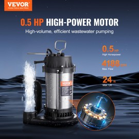 VEVOR Submersible Sump Pump, 0.5HP 4188GPH, 24 ft Lift Cast Iron Sewage Water Pump with 10 ft Power Cord and Automatic Float Switch, Stainless Steel for Clean Flooded Basement Yard Farm Sewer