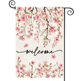Baccessor Spring Summer Welcome Garden Flag 12.5 x 18 Inch Double Sided Burlap Pink Floral Cherry Blossom Green Leaf Farmhouse Small Yard Flag Summer Holiday Seasonal Outdoor Outside Decoration