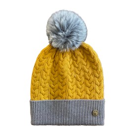 House Of Tweed Luxury Women's Two-Tone Cable Knit Bobble Beanie Hat Sherpa Lined Pom Pom One Size (UK, Alpha, One Size, Mustard Grey)