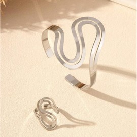 Boho Wide Cuff Bangle Bracelets Finger Ring Set for Women S shape Chunky Bangles Open Adjustable Wrist Wrap Bohemia Bracelet Thumb Ring Band Set Jewelry-Silver