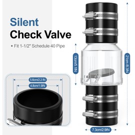 Silent Check Valve 1-1/2 Inch with Clear Body & Spring-Loaded Flapper, Buna-N Couplings & Stainless Steel Clamps - for Sump Pump Backflow Prevention, Quiet Operation, Extends Pump Life